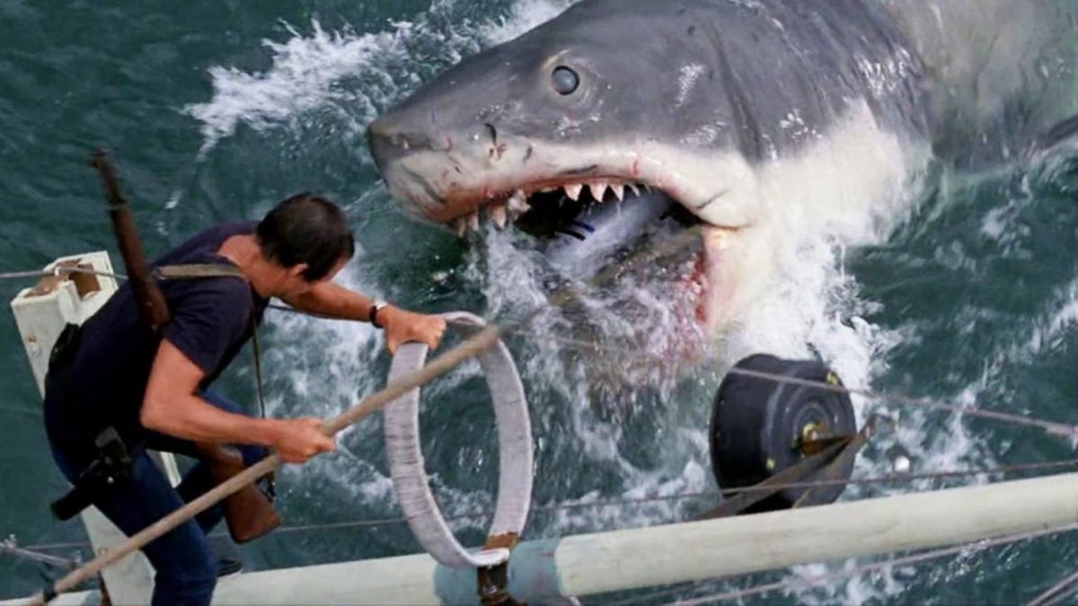 Uno squalo super grosso cerca di mangiare Roy Scheider in Jaws.