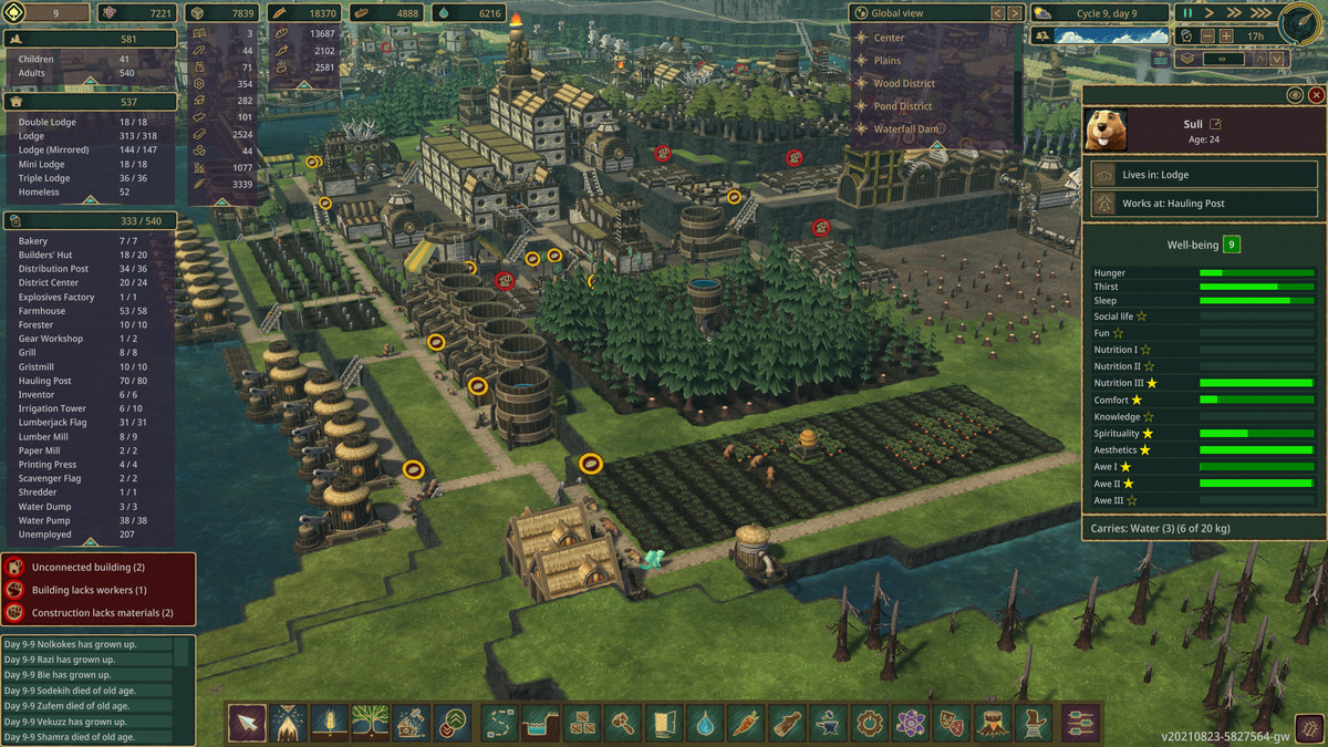 Uno screenshot di Timberborn che mostra una fattoria durante la stagione delle piogge del fiume, alcuni edifici, il menu di gestione del sim e la valutazione del benessere di un castoro chiamato 