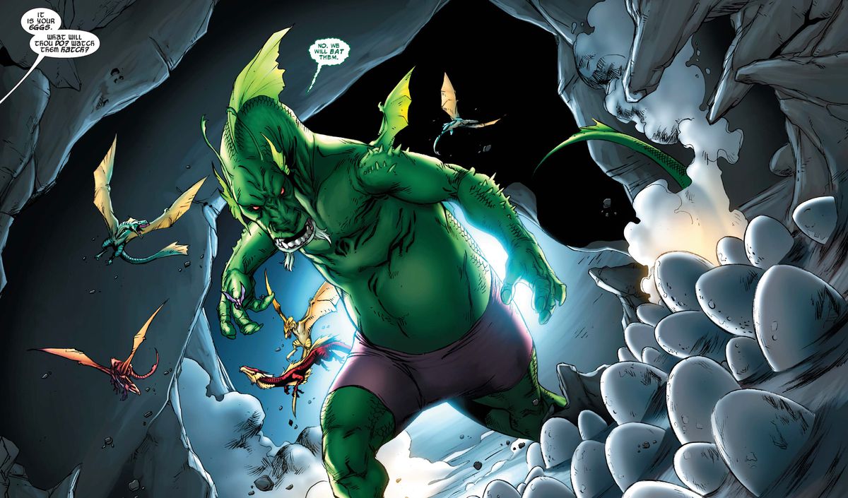 Fin Fang Foom, un enorme mostro drago verde e leggermente umano che indossa pantaloncini viola attillati, in piedi in una misteriosa grotta in Aveners Vs.  Pet Avengers #3 (2010). 