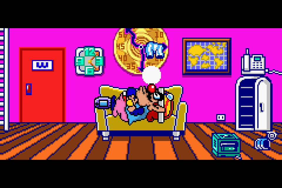 WarioWare Twisted - Wario fa un pisolino sul suo divano, che si trova contro un muro rosa brillante