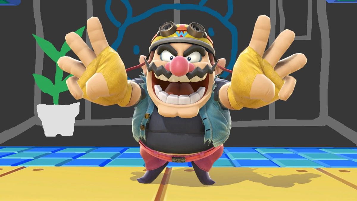 un'immagine di Wario in Super Smash Bros. è in piedi e mostra un segno di pace ma con tre dita alzate?  Non lo so, è divertente.