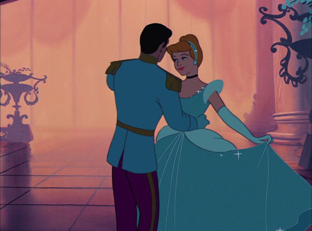 an animated cinderella and the prince dance