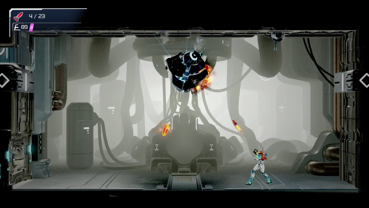 Samus usa la modalità di mira a 360 gradi per sparare un missile in Metroid Dread