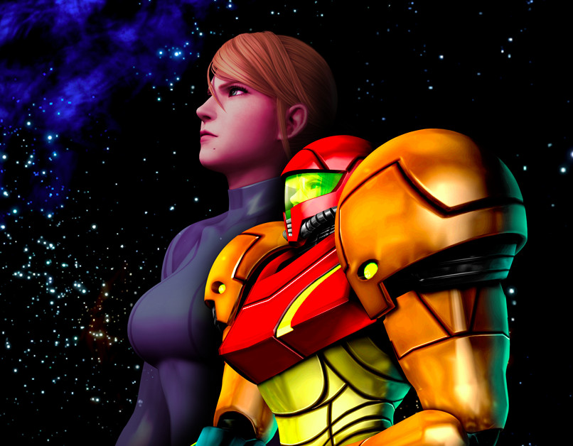 Artwork di Samus dentro e fuori il suo Power Suit da Metroid: Other M