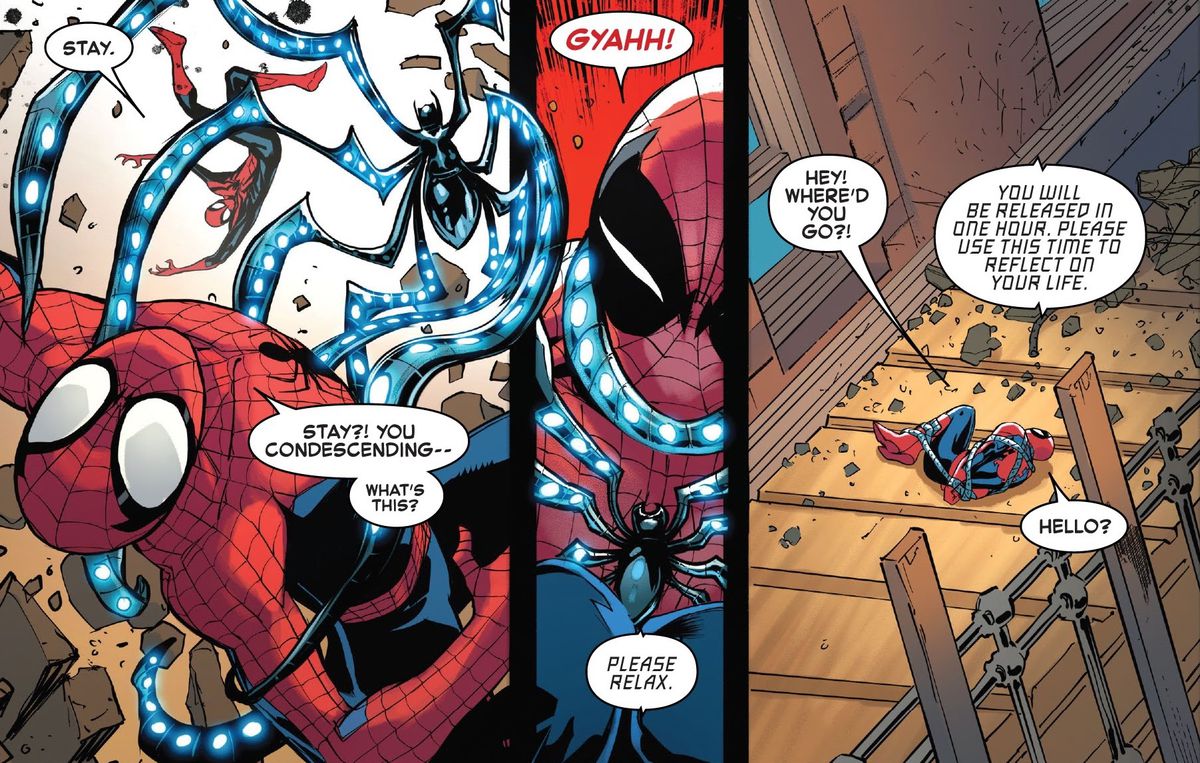 Un ragno-gadget tecnologico si dispiega e intrappola Spider-Man fino a quando non può più muoversi.  