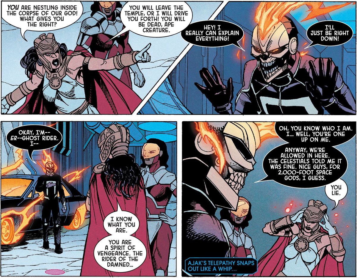 Ajak l'eterno discute con Ghost Rider su come i Vendicatori stiano usando il cadavere di un Celestiale come base in Eternals: Celestia (2021). 