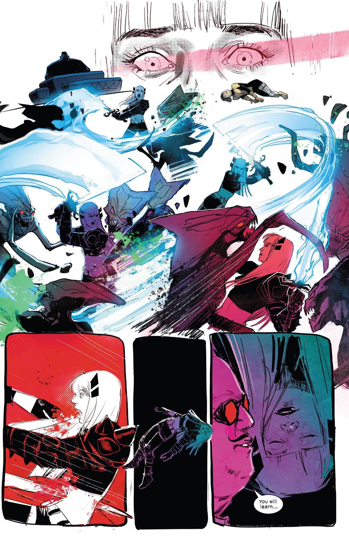 Illyana Rasputin/Magik uccide una covata aliena dopo l'altra in lampi di blu, verde, magenta e viola, prima che uno di loro la infilzi sul suo artiglio e lei galleggi nell'oscurità con il Re delle Ombre in New Mutants #22 (2021). 