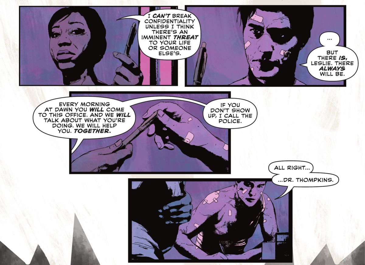 Leslie Thompkins spiega a Bruce Wayne che può venire in terapia all'alba tutti i giorni, oppure può esporre la sua identità segreta in Batman: Imposter #1 (2021). 