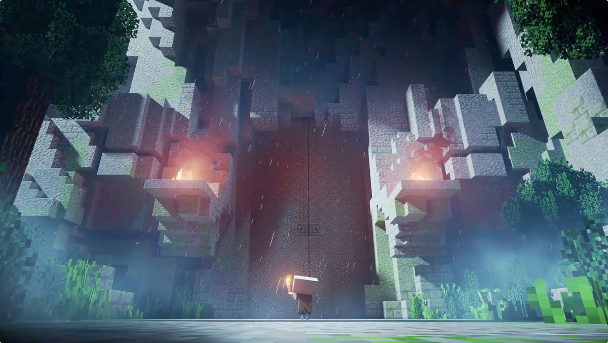 Un giocatore di Minecraft Dungeons si trova di fronte a enormi porte