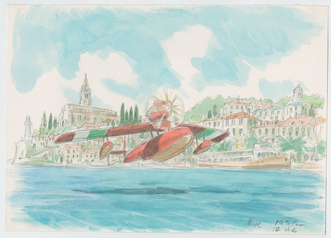 Un'immagine per Porco Rosso, che mostra un aereo che vola basso sopra l'acqua di fronte a una città portuale.