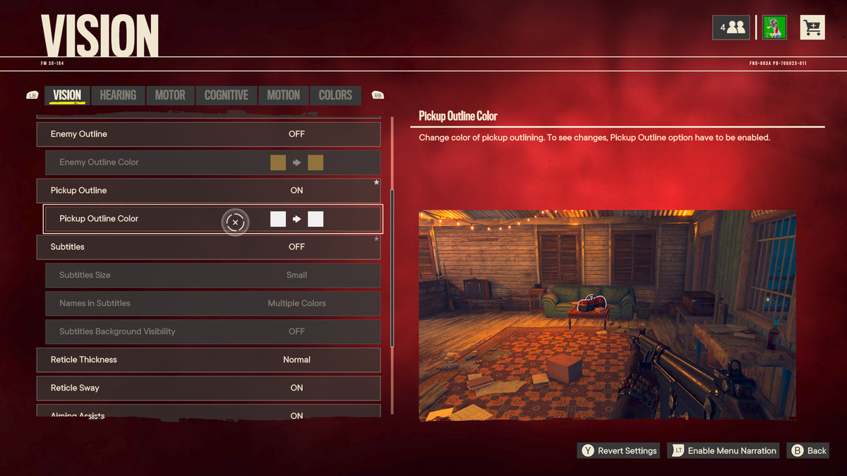 Menu Visione di Far Cry 6, che consente ai giocatori di evidenziare e aumentare la vivacità dei colori su nemici e oggetti