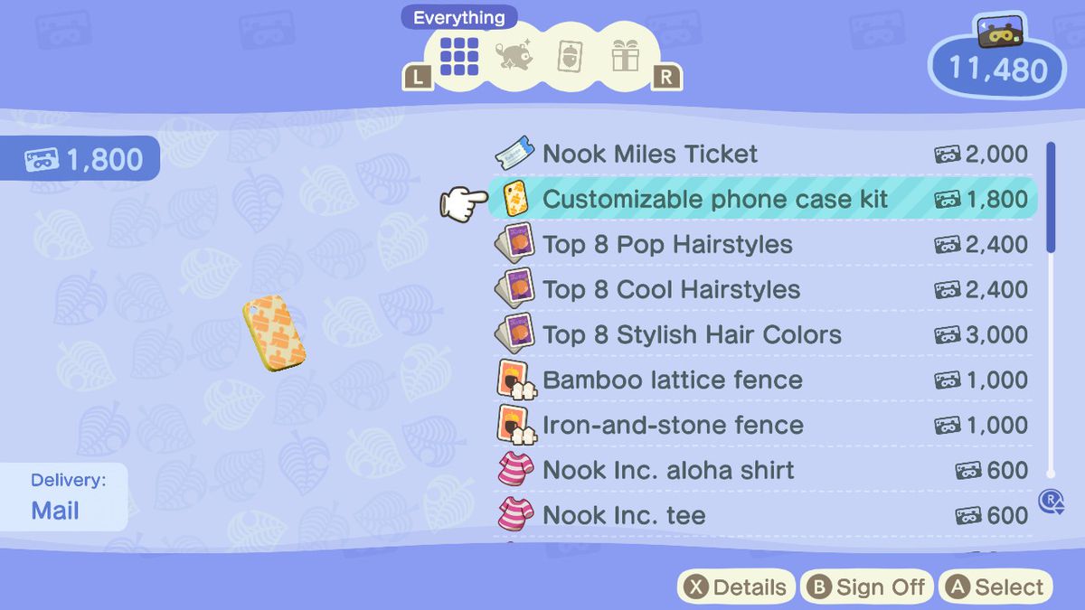 Un menu che mostra il prezzo di un kit telefonico personalizzabile in Animal Crossing: New Horizons