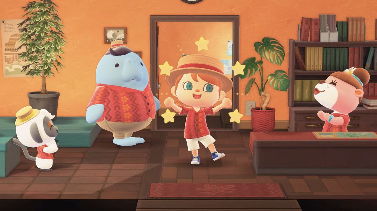 personaggi animali colorati fanno il tifo per un personaggio del giocatore che balla con le stelle intorno a lui