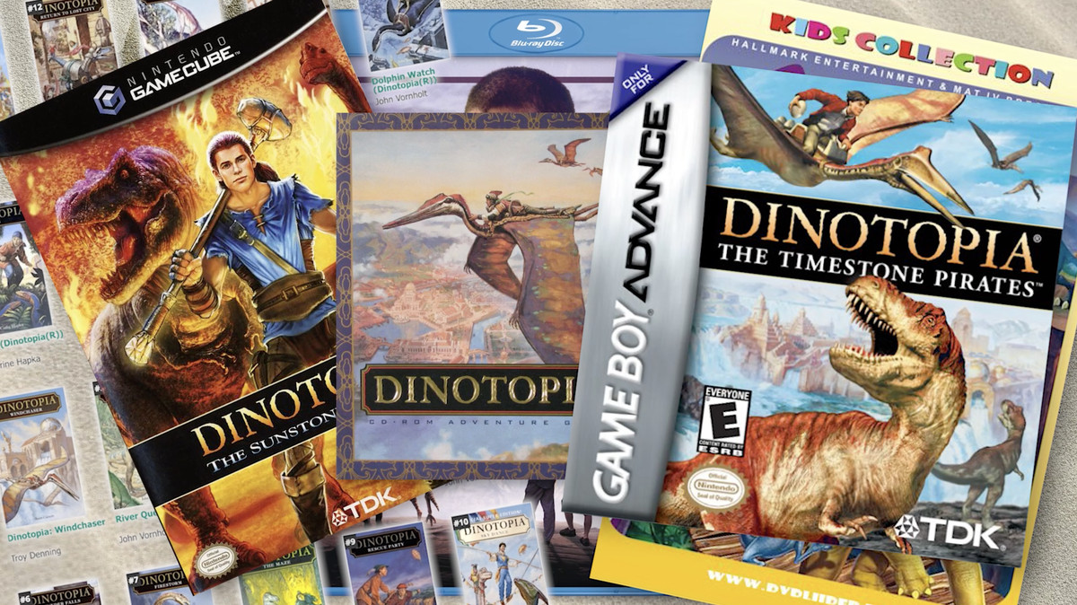 Copertine per i tre giochi Dinotopia discussi in questo articolo