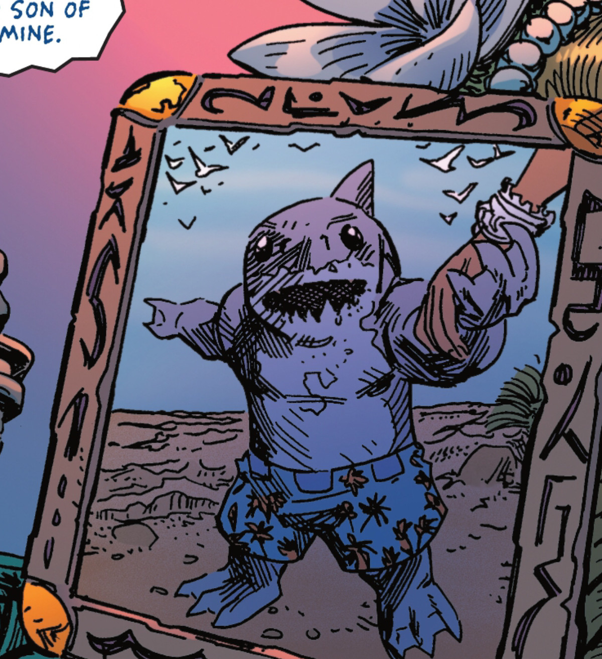 Una fotografia di un bambino King Shark in costume da bagno blu, che tiene la mano di sua madre in spiaggia e indica felicemente in Suicide Squad: King Shark #5 (2021). 