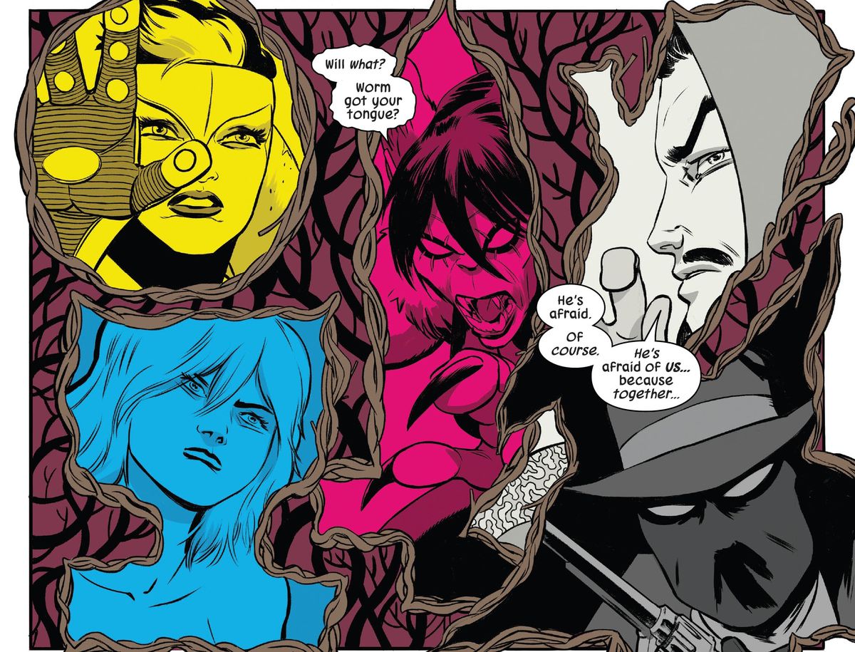 Taaia (giallo), Cloud (ciano), Arpia (magenta), Doctor Strange (bianco) e Masked Raider (nero) rappresentano il segno magico del Cinque, rappresentato dai quattro colori del processo di stampa a colori e dal bianco, il colore della pagina, in Defenders #3 (2021). 