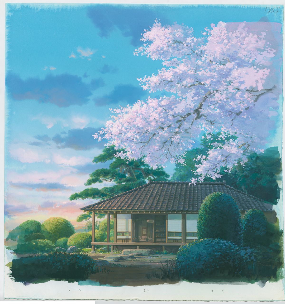 Uno sfondo dipinto da The Wind Sises che mostra una casa e un bellissimo albero in fiore sopra