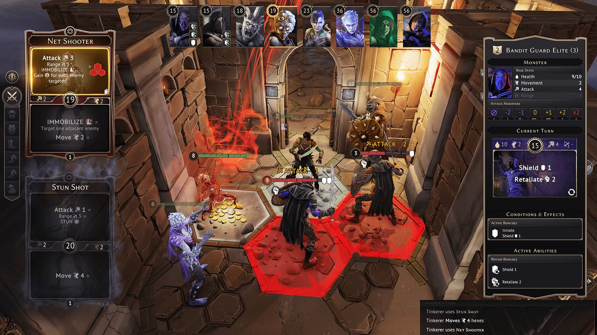 Diversi mercenari a Gloomhaven si affrontano contro i nemici di un dungeon