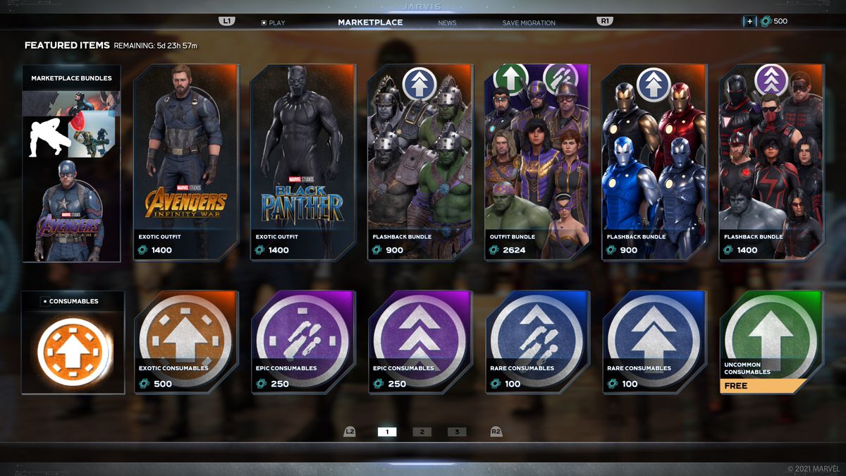 Uno screenshot del menu del Marketplace in Marvel's Avengers
