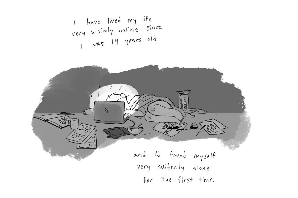 A comic-strip image of Noelle curled up in bed, face in a laptop, surrounded by art and dishes and food. Caption: “I have lived my life very visibly online since I was 19 year old and I’d found myself very suddenly alone for the first time.” From the Substack I’m Fine I’m Fine Just Understand.