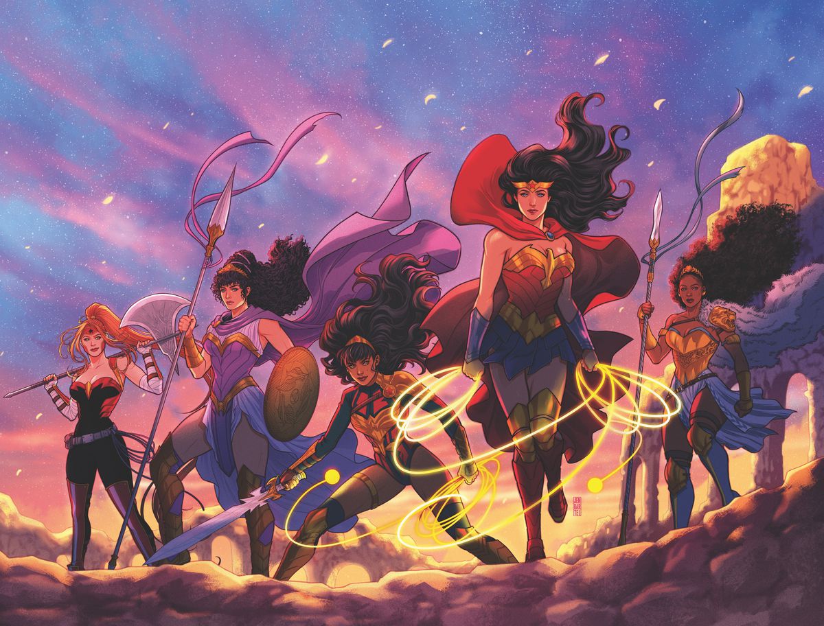 Wonder Woman, Nubia, Yara Flor e altre regine di Themyscira in un'arte promozionale per Trial of the Amazons