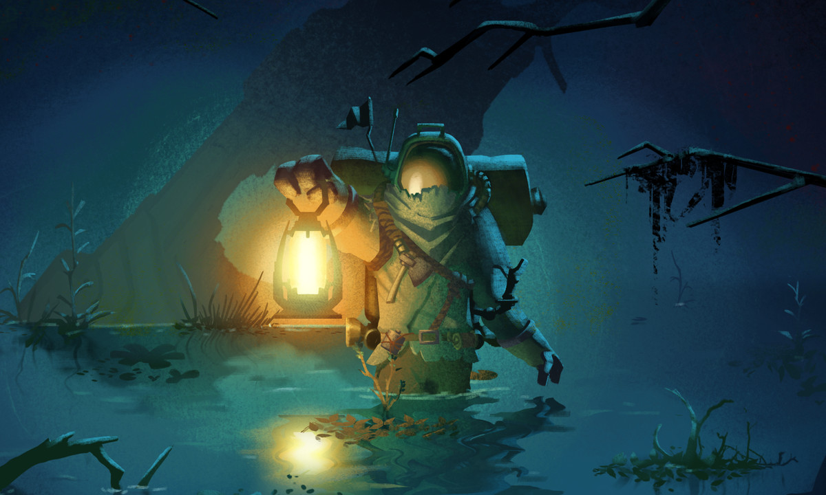 L'arte chiave per Outer Wilds Echoes of the DLC, con un astronauta alieno che trasporta una lampada incandescente in una palude lunatica