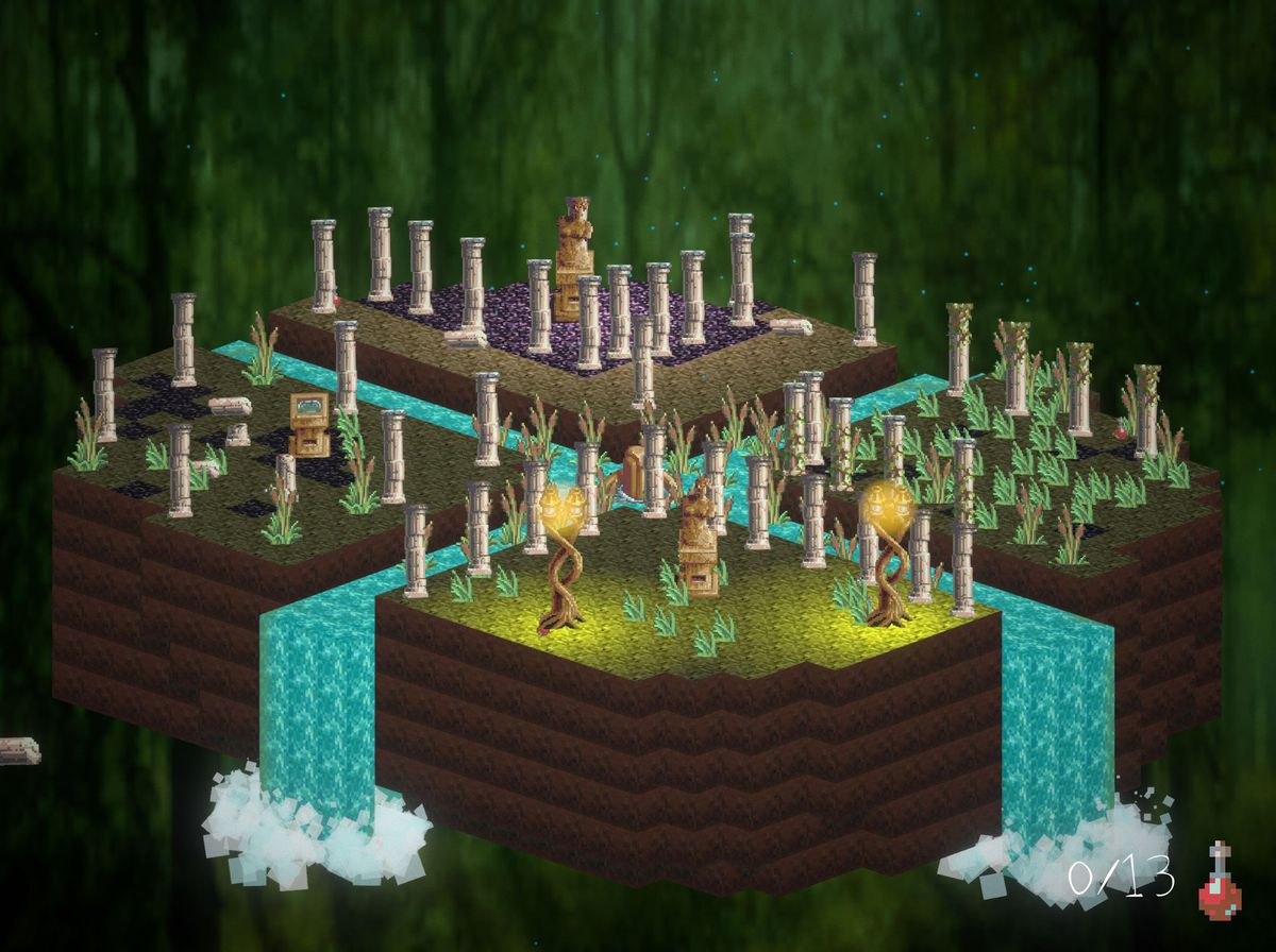 an isometric scene with waterfalls and trees