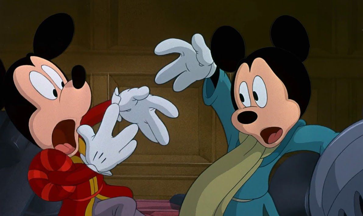 Mickey and Mickey swap clothes in The Prince and the Pauper