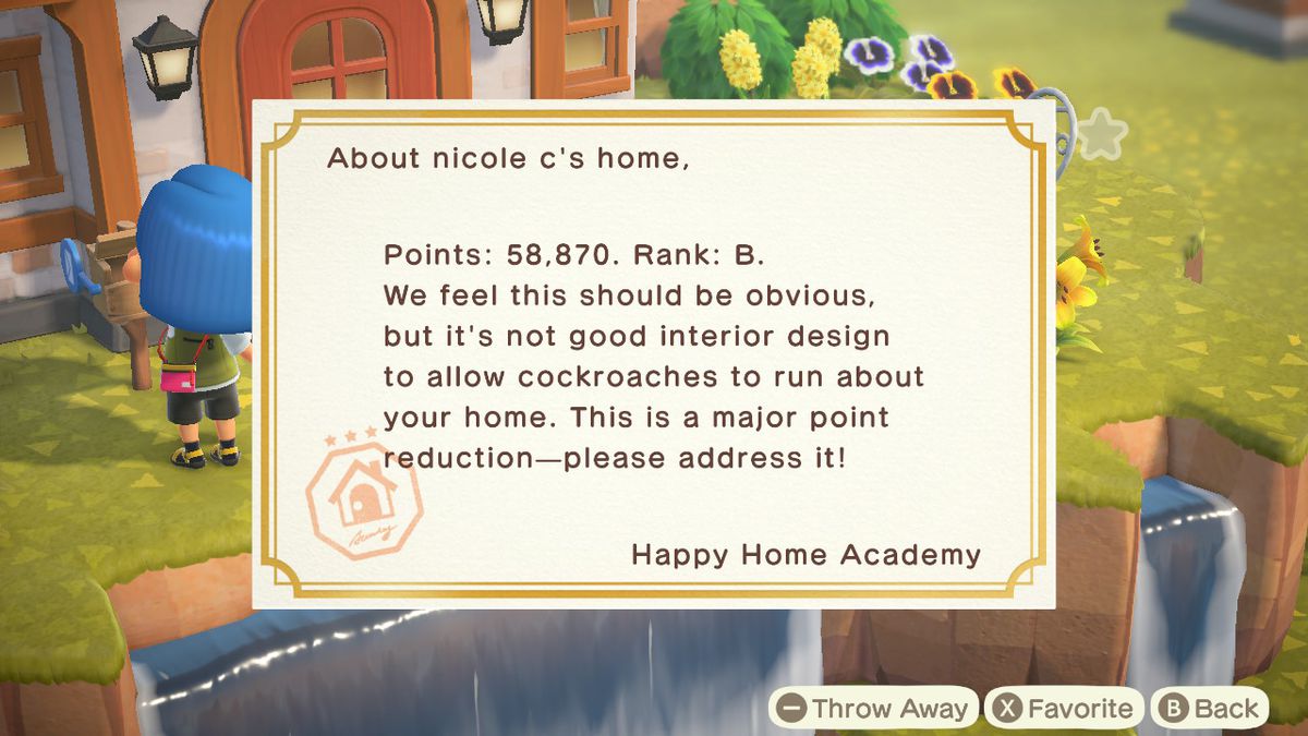 Una lettera di Animal Crossing: New Horizons di Happy Home Academy con una valutazione B, a causa degli scarafaggi in casa