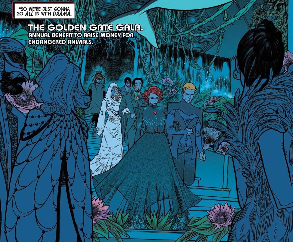Black Widow, White Widow, Hawkeye, the Winter Soldier e altri arrivano al Golden Gate Gala in haute couture in Black Widow #12 (2021). 