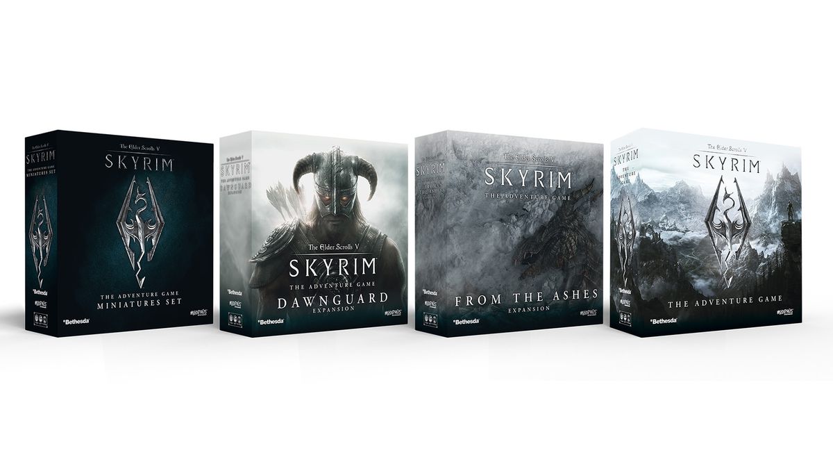 Rendering delle scatole per Skyrim - The Adventure Game, espansioni From the Ashes e Dawnguard e il set di miniature deluxe.