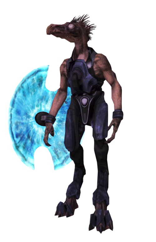 uno Sciacallo, una lucertola bipede aliena di Halo, in piedi con uno scudo blu brillante