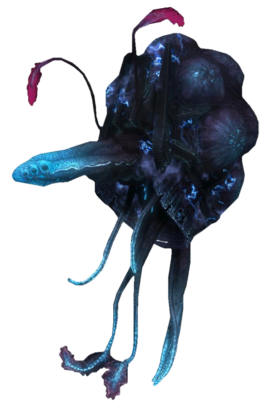un Ingegnere, una creatura blu e viola di Halo.  in realtà non ha una faccia ma ha dei tentacoli che pendono da esso e dei grumi dappertutto.  sembra viscido.