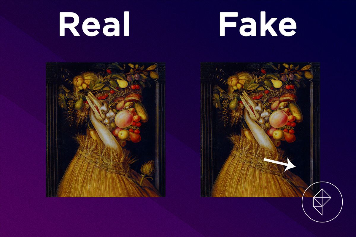 A comparison showing that the fake version of the Jolly Painting is missing a flower on his chest.
