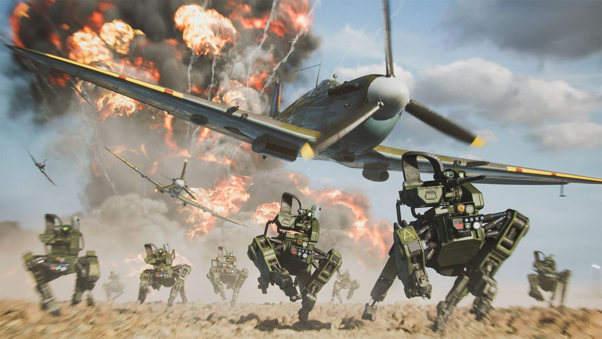 Uno squadrone della seconda guerra mondiale bombarda droni quadrupedi in uno screenshot di Battlefield Portal