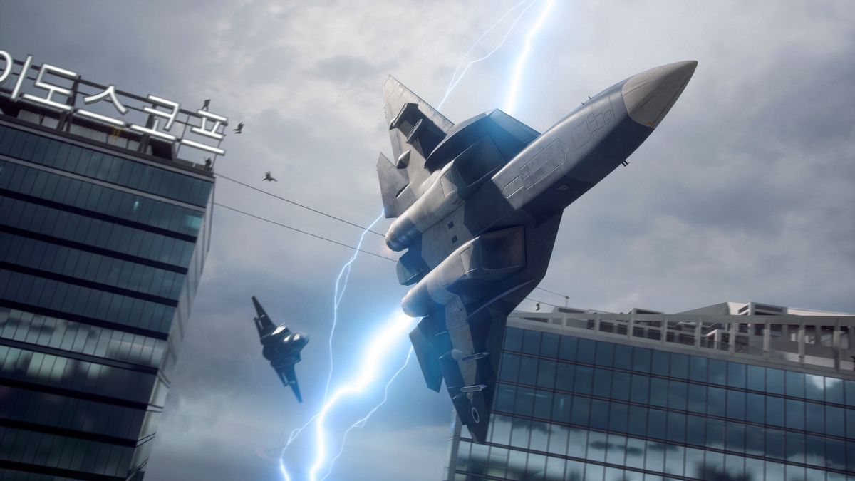 Aerei da combattimento combattono in mezzo a una tempesta di fulmini in Corea, in Battlefield 2042.