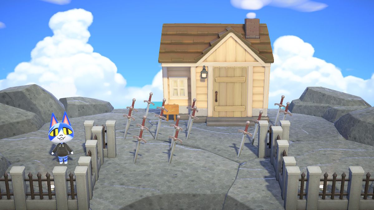 Uno screenshot da Animal Crossing: New Horizons Happy Home Paradise DLC, con un gatto blu in piedi nel cortile di una casa, che ha una base rocciosa piena di spade.