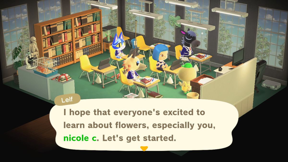 Uno screenshot di Animal Crossing: New Horizons Happy Home Paradise DLC, in cui gli abitanti del villaggio sono seduti in un'aula e Leif tiene una conferenza sui fiori ibridi.