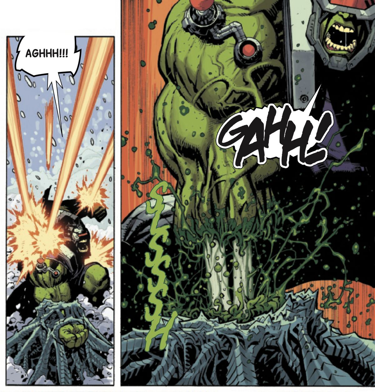 Con il braccio bloccato a terra da un groviglio di metallo, Bruce Banner (pilotando il corpo di Hulk) strappa il braccio di Hulk dal metallo, strappando la carne delle sue ossa al gomito in Hulk # 1 (2021). 