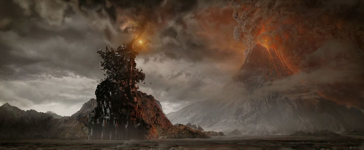 The tower of Barad-Dur crumbles as the Eye of Sauron begins to explode in The Return of the King.