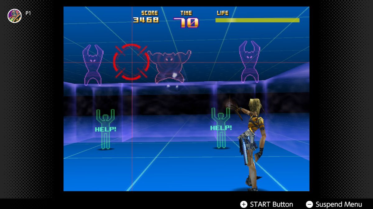 The player shoots at training dummies in Sin & Punishment