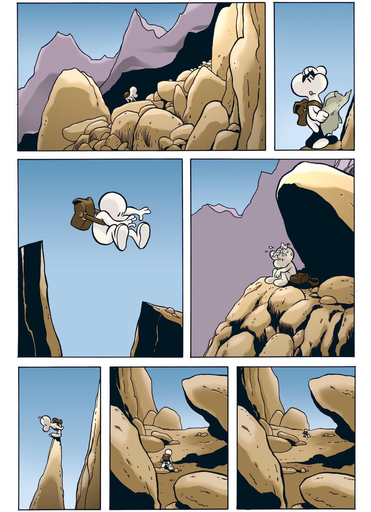 A montage of Fone Bone hiking through rocky landscape. He traipses over loose boulders, shields his eyes from the sun as he consults a map, leaps a gap, mops sweat from his forehead as he rests in the shade of a rock, stands on the top of an absurdly pointy spar looking down, and trudges slowly towards the horizon in Bone.