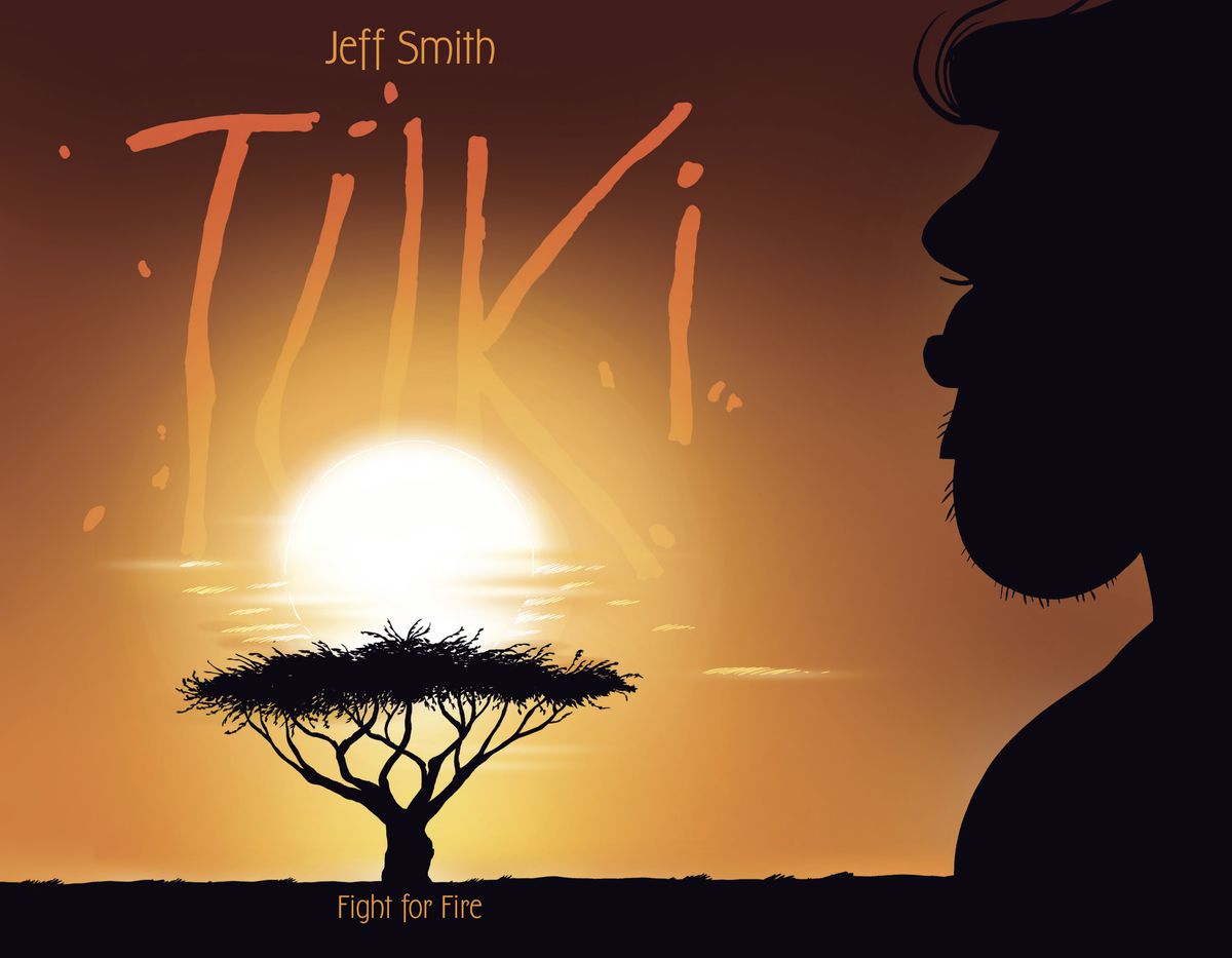 The silhuette of a heavy browed man looks out over the sun rising over an isolated tree on the cover of Tuki.