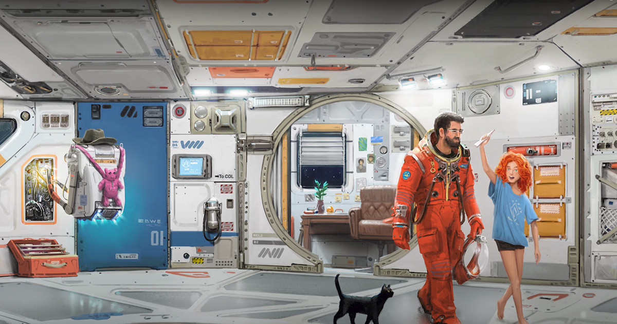 Starfield concept art di un gatto su una stazione spaziale 