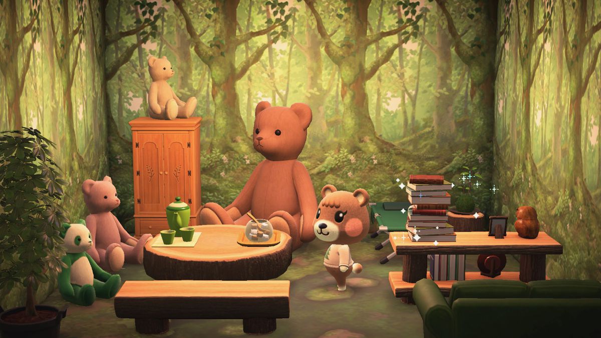 Uno screenshot da Animal Crossing: New Horizons Happy Home Paradise DLC, con un orso bruno in una stanza decorata con carta da parati della foresta e molti orsi di peluche.