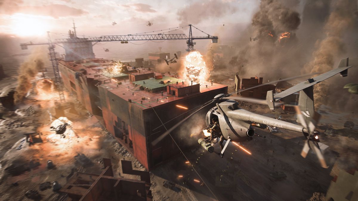 Una battaglia con più elicotteri che sorvolano un deposito di container a Singapore, da Battlefield 2042.