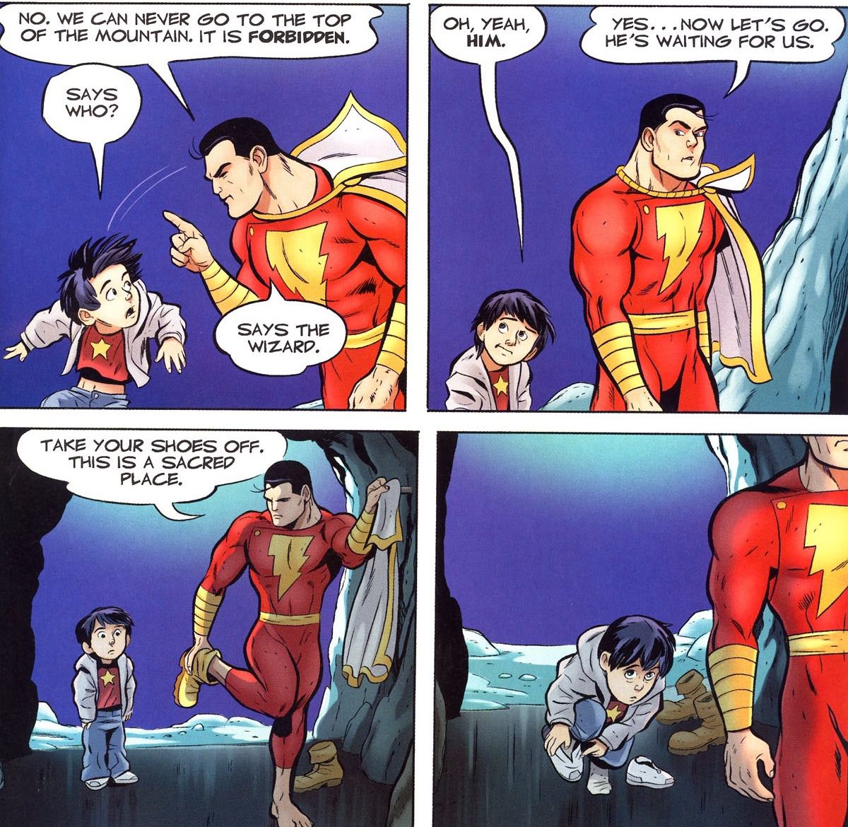Captain Marvel (DC Comics) and Billy Batson arrive at the Rock of Eternity. “Tack your shoes off,” Marvel tells Billy, “This is a sacred place.” in Shazam!: The Monster Society of Evil.