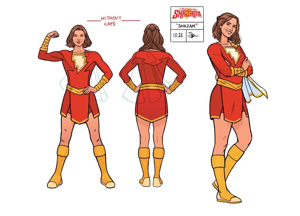 Disegni di design dei personaggi di Mary Bromfield nel suo costume da supereroe.  Consiste in una tunica rossa a maniche lunghe con gonna, stivali gialli e un mezzo mantello bianco.  Il suo petto porta l'emblema del fulmine di Shazam. 