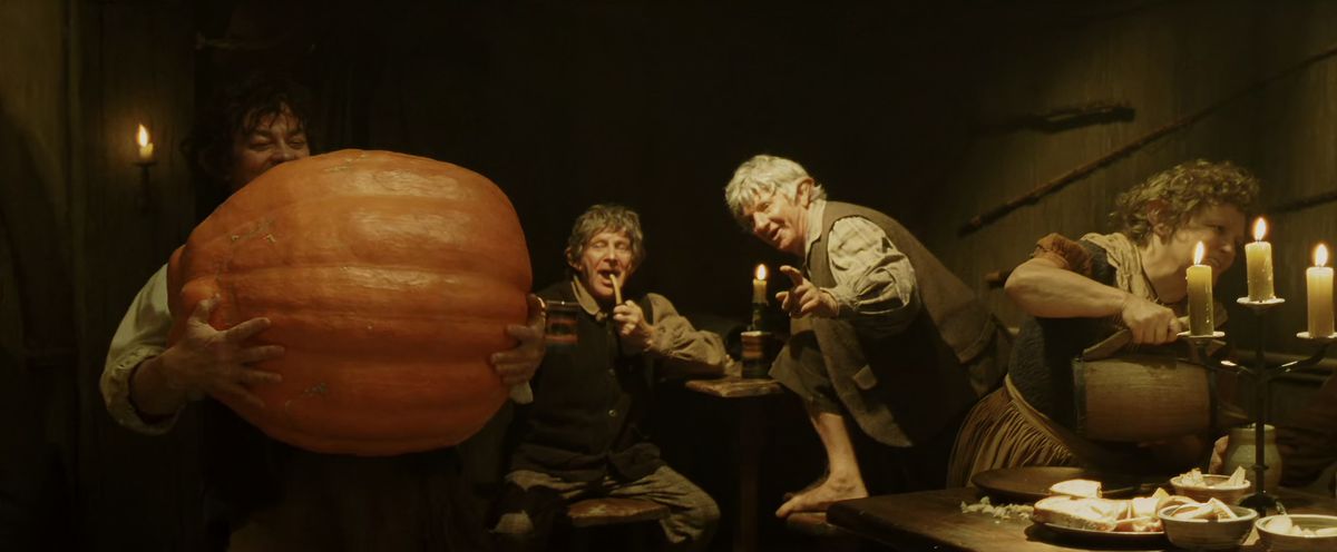 Some hobbits a the Green Dragon are very excited about an enormous pumpkin in The Return of the King.