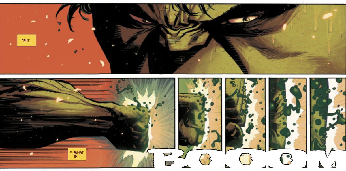 Hulk strizza gli occhi con rabbia e poi colpisce una barriera più e più volte, schizzi di sangue verde, con un clamoroso BOOOM in Hulk # 1 (2021).